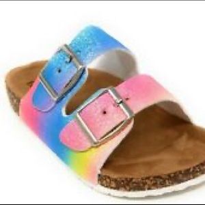 Girls Sandals Kids Double Strap Cork Sole Double Buckle Open Toe Rainbow Glitter